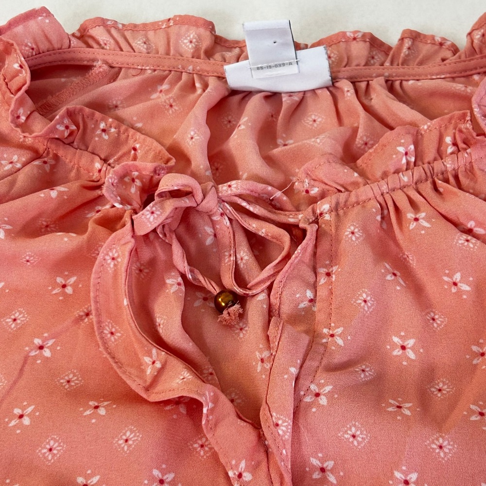 Liz Claiborne Women XL Pink Floral Ruffle Neck Tie Blouse Top Polyester - Picture 6 of 8